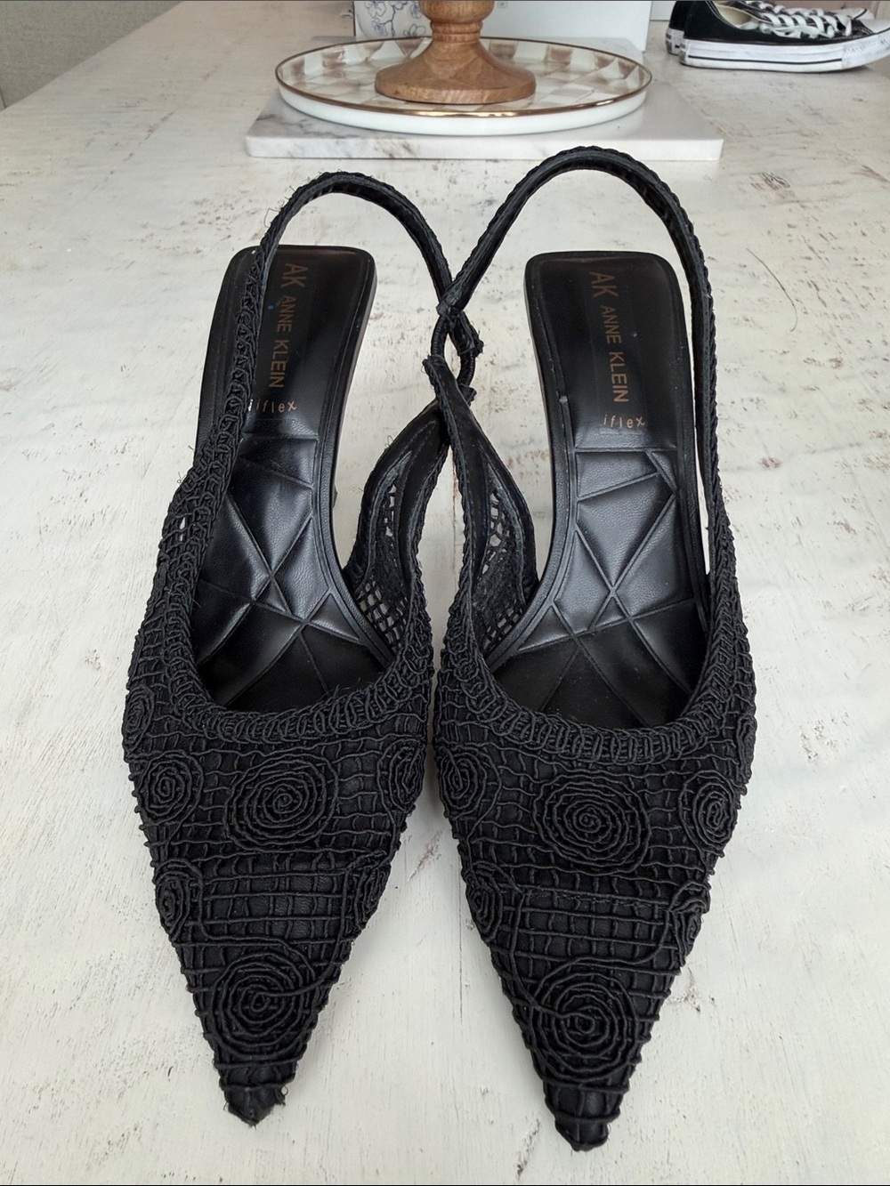 Anne Klein Black Pointed Toe Slingback Mules with Textured Crochet Upper